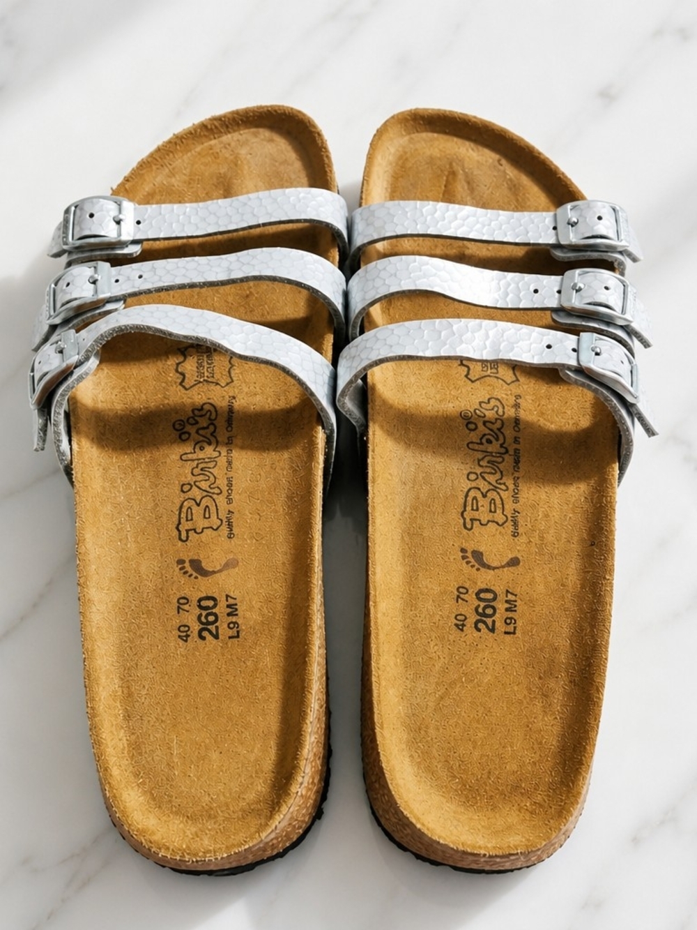 Birkis By Birkenstock Florida Silver Metallic 3 Strap Sandals EU 40 US Women's 9